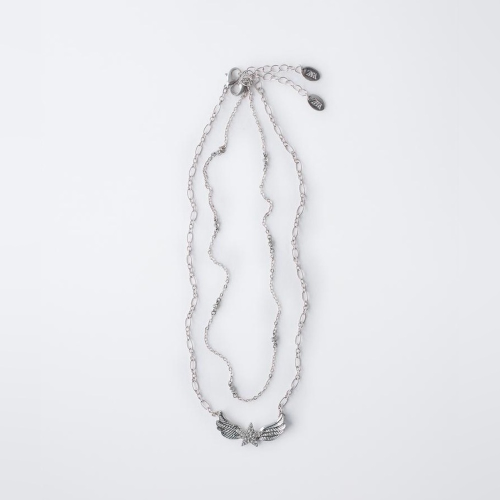 NWT. Zara Dark Silver Pack of Two Wing Pendant Necklaces.
